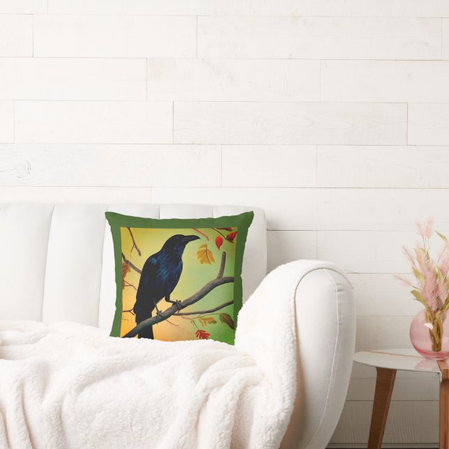 Delightful Fun Raven Perched On Branch Throw Pillo Cushion (Couch)