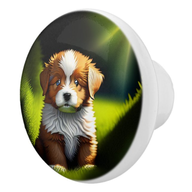 Delightful Little Brown & White Puppy Ceramic Knob (Right)