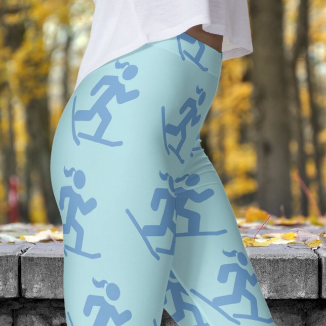 Delightful Powder Blue Snowshoe Running Pattern Leggings (Womens Snowshoe Running on Powder Blue)