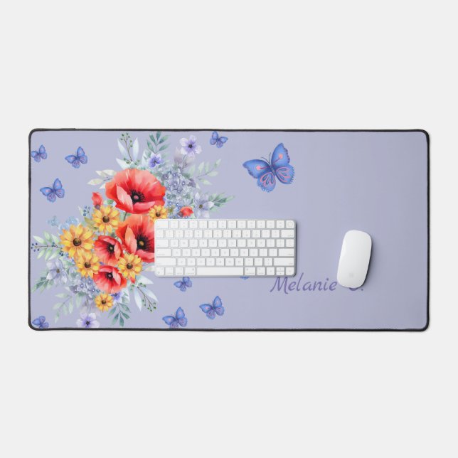 Delightful Red Poppies, Sunflowers & Butterflies  Desk Mat (Keyboard & Mouse)