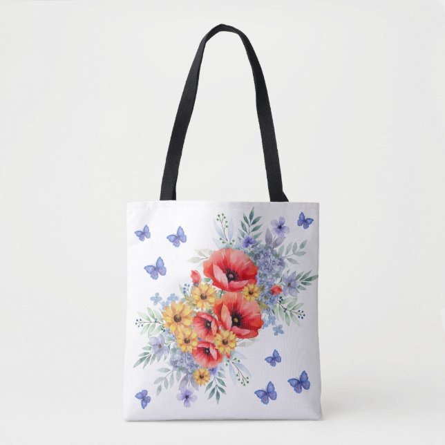 Delightful Red Poppies, Sunflowers & Butterflies  Tote Bag (Front)
