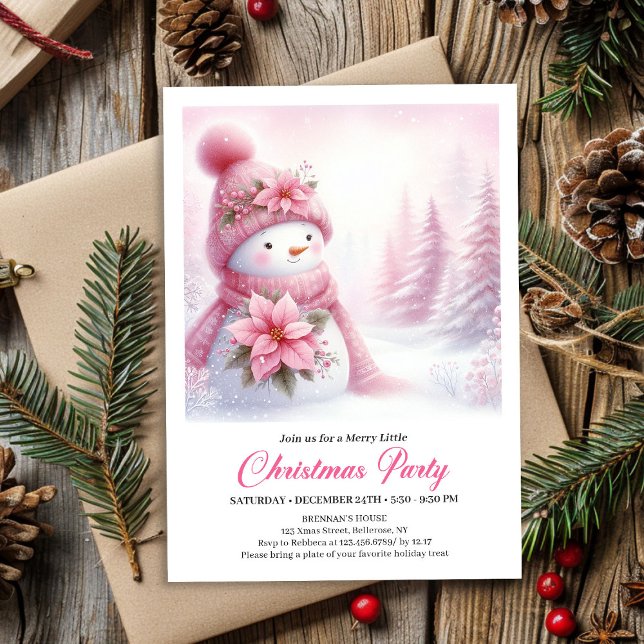 Delightful Snowy Forest Pink Snowman Kids Invite  (Delightful Snowy Forest Pink Snowman Kids Invite Digital)