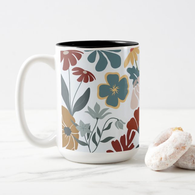 Delightful & Vibrant Modern Floral Two-Tone Coffee Mug (With Donut)