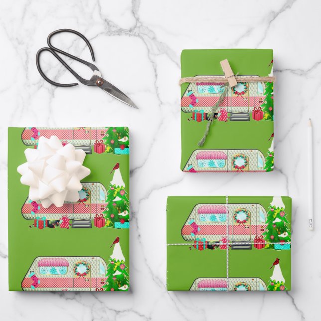 Delightful Vintage Camper Trailer Holiday Wrapping Paper Sheet (Front)