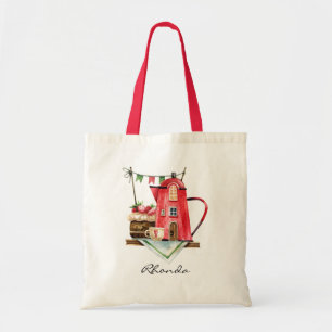 Delightful Watercolor Fairytale Tea Kettle Cottage Tote Bag