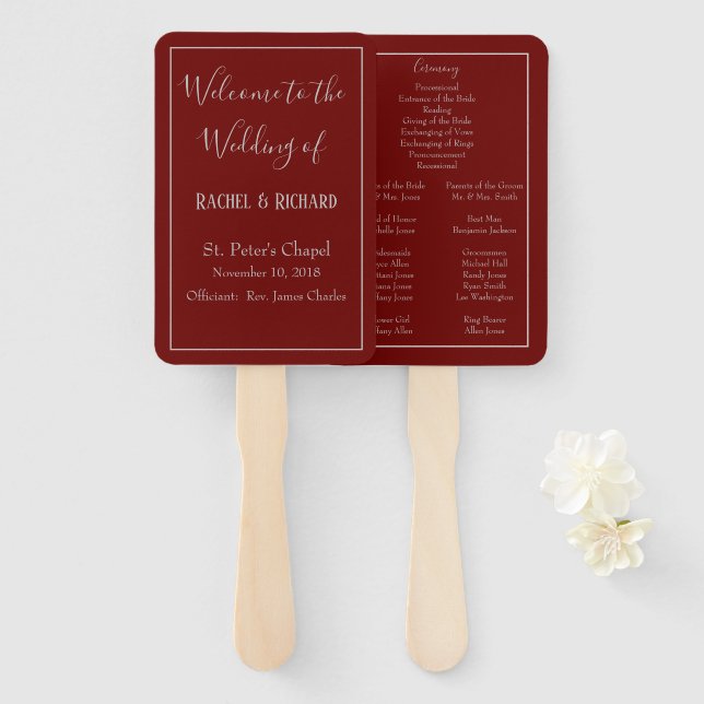 Delightful Wedding Program Burgundy Hand Fan (Front and Back)
