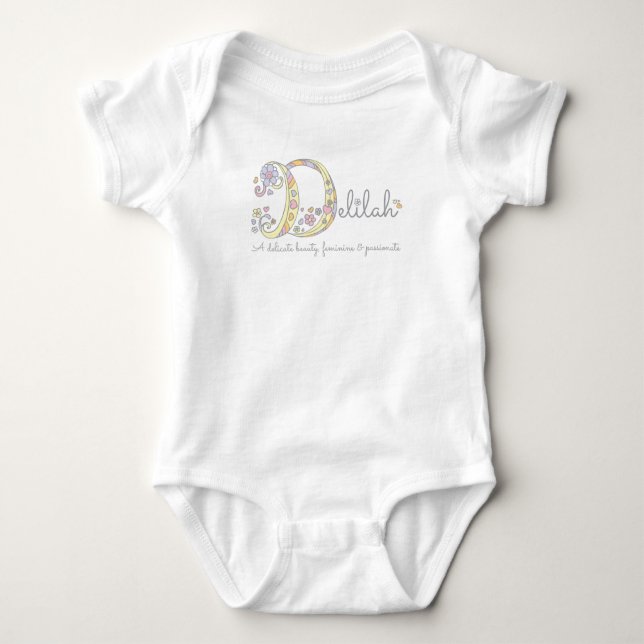 Delilah baby girls name meaning monogram hearts baby bodysuit (Front)