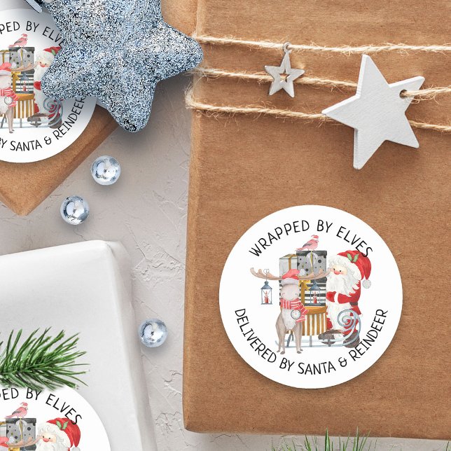 Delivered by Santa and Reindeer Classic Round Sticker (Delivered by Santa christmas sticker for kids)