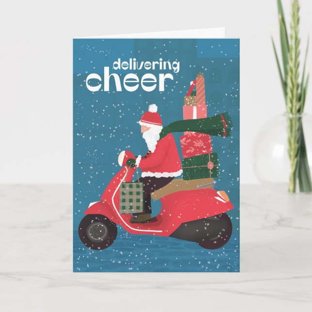 Delivering Cheer Santa Scooter Greeting Card (Front)