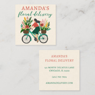 DELIVERY Cute Girl Riding Bicycle w Flowers Square Business Card