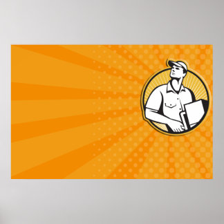 Delivery Man Pushing Dolly With Carton Retro Poster