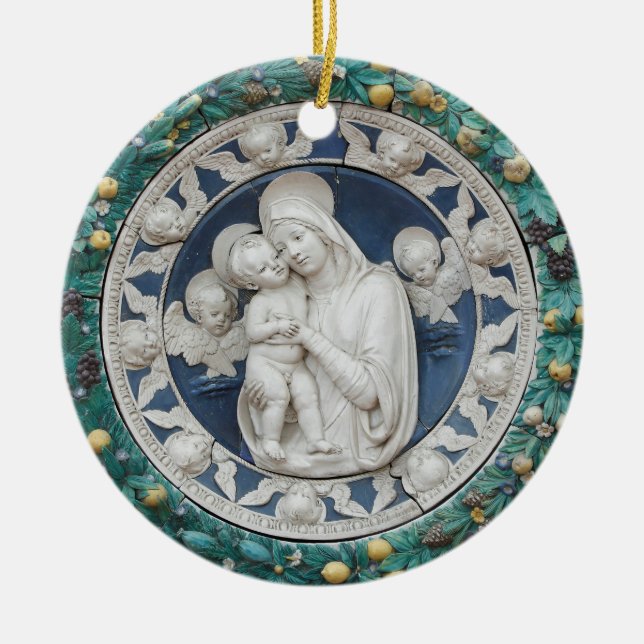 Della Robbia Madonna Child Cherubs Garland Blue Ceramic Tree Decoration (Front)
