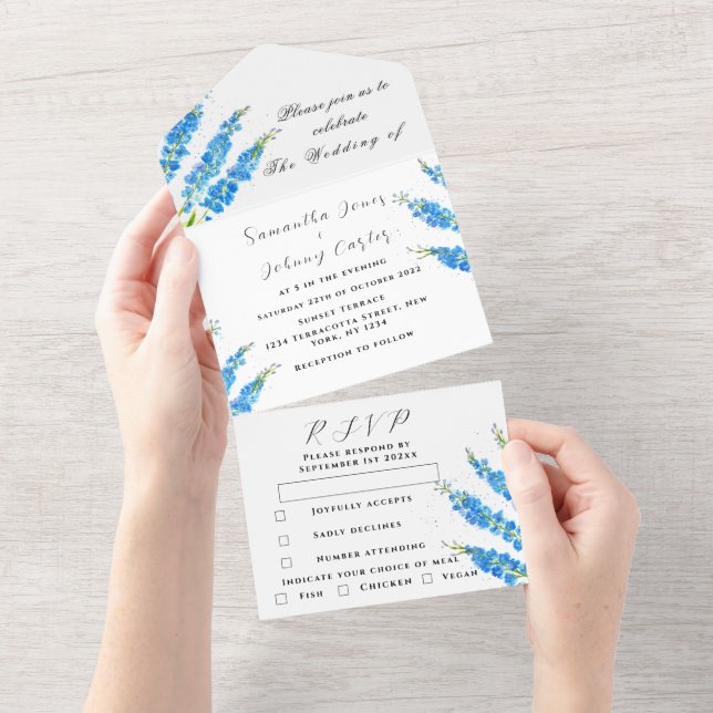 Delphinium Blue Floral Botanical Wedding   All In One Invitation (Tearaway)
