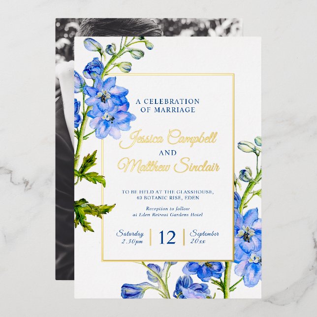 Delphinium blue flowers and gold summer wedding (Front/Back)