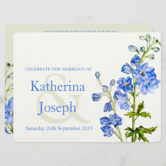 Delphinium blue watercolor wedding invite (Front/Back)