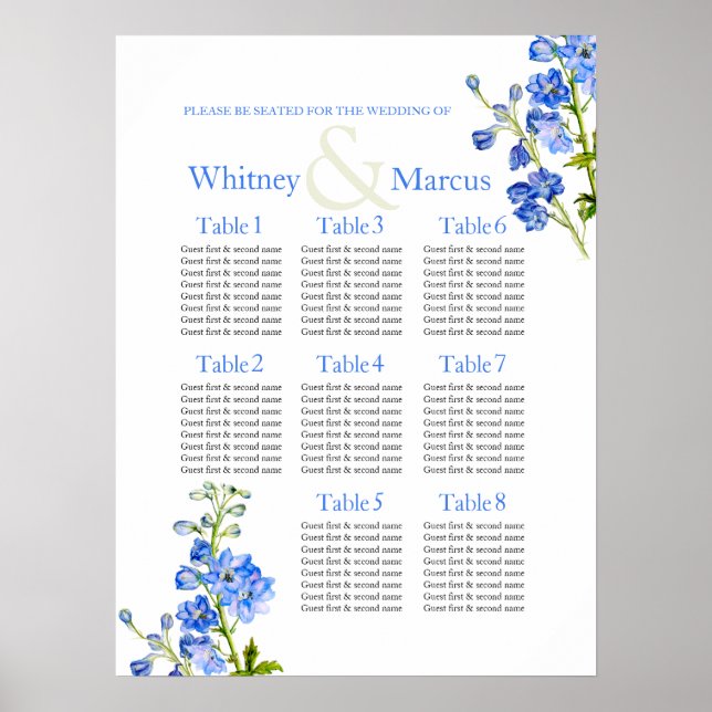 Delphinium blue Wedding Seating Table Planner Poster (Front)