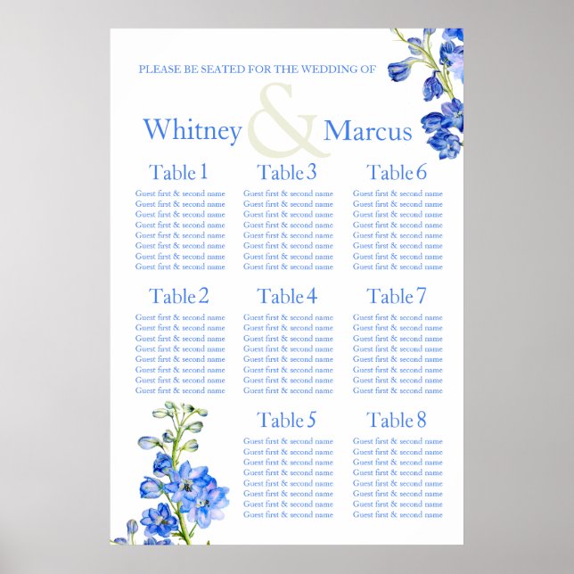 Delphinium blue Wedding Seating Table Planner Poster (Front)