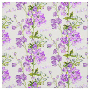 Delphinium botanical art purple white name fabric