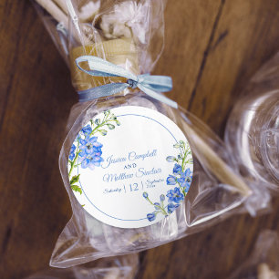 Delphinium flowers blue watercolor art wedding classic round sticker