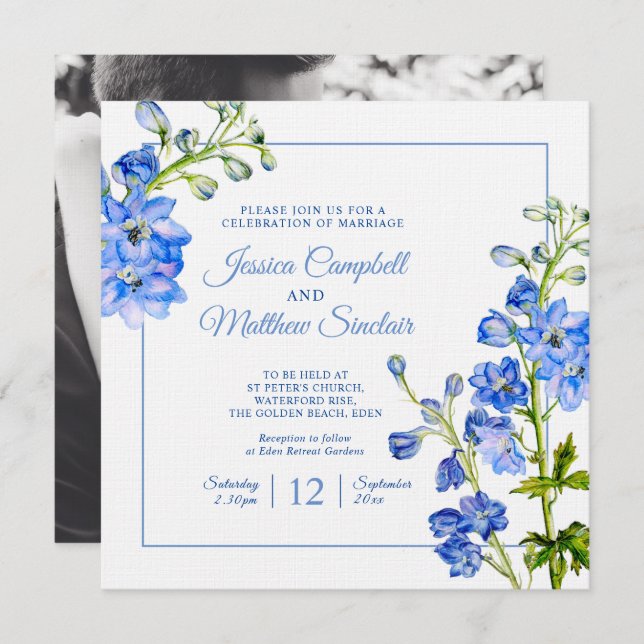 Delphinium flowers blue watercolor art wedding invitation (Front/Back)