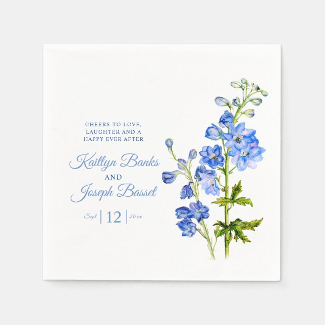 Delphinium flowers blue watercolor art wedding napkin (Front)