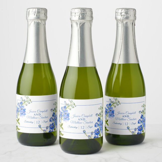 Delphinium flowers blue watercolor wedding sparkling wine label (Bottles)