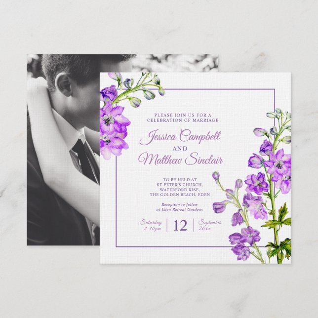 Delphinium flowers purple watercolor art wedding invitation (Front/Back)