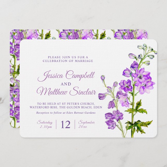Delphinium flowers purple watercolor art wedding invitation (Front/Back)