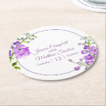 Delphinium flowers purple watercolor art wedding round paper coaster<br><div class="desc">Beautiful delphinium spikes painted purple botanical art watercolor wedding round shape coasters. Edit this wedding coaster with your own names and wedding date. Other matching wedding items available. Unique design and original watercolor fine art painting by Sarah Trett for www.mylittleedenweddings.com</div>