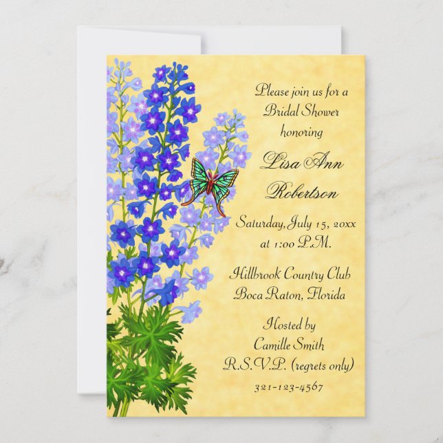 Delphiniums Gold Bridal Shower Invitation (Front)