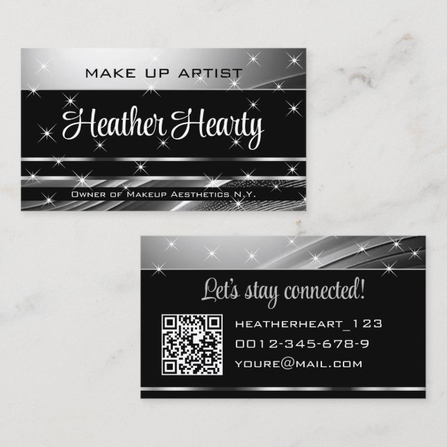 Deluxe Black Silver Grey Ombre Glitter and QR Code Business Card (Front/Back)