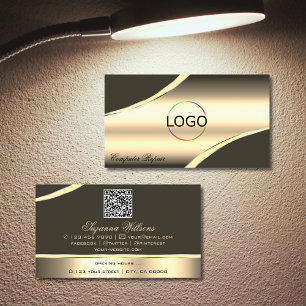 Deluxe Gold Brown Curved Decor Lines Logo QR Code Business Card