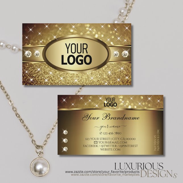Deluxe Golden Glitter Stars Diamonds add Logo Business Card (Creator Uploaded)