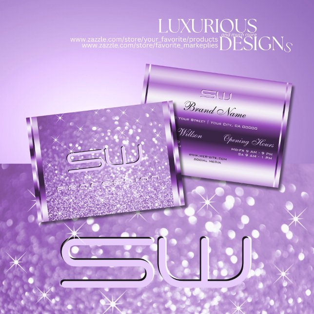 Deluxe Purple Glitter Luminous Stars and Monogram Business Card (Creator Uploaded)