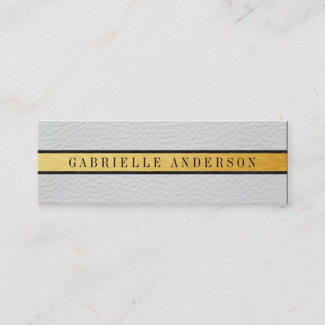 Deluxe White Leather Black Gold Metallic Trim Mini Business Card (Front)