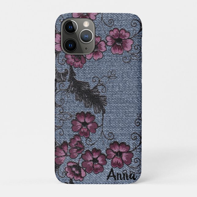 *~* Demin Black Scrolls Pink Flowers Case-Mate iPhone Case (Back)