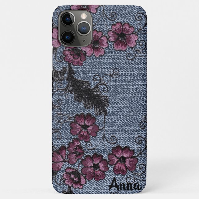 *~* Demin Black Scrolls Pink Flowers Case-Mate iPhone Case (Back)