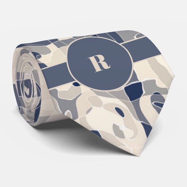 Demin Blue and Taupe Abstract with Monogram Tie (Rolled)