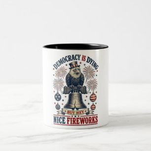 Democracy Dying Eagle Liberty Bell Fireworks  Two-Tone Coffee Mug