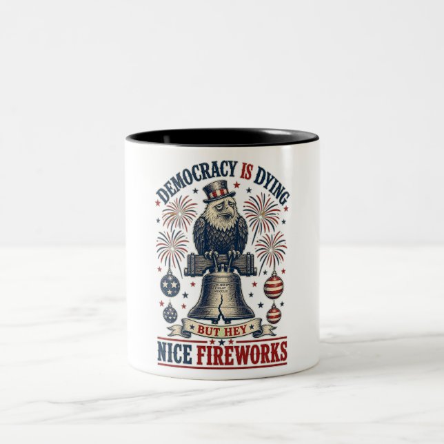 Democracy Dying Eagle Liberty Bell Fireworks  Two-Tone Coffee Mug (Center)