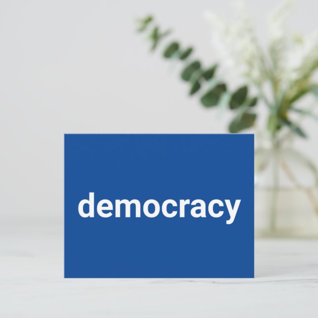 Democracy minimalist typography white and blue postcard (Standing Front)