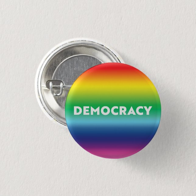 Democracy white text rainbow gradient lgbt pride 3 cm round badge (Front & Back)