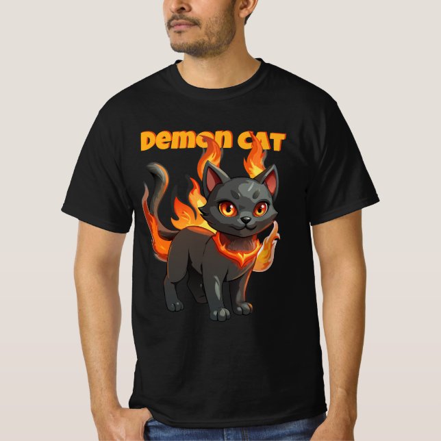 Demon Cat Fire Spirit - Fiery Black Cat Art T-Shirt (Front)