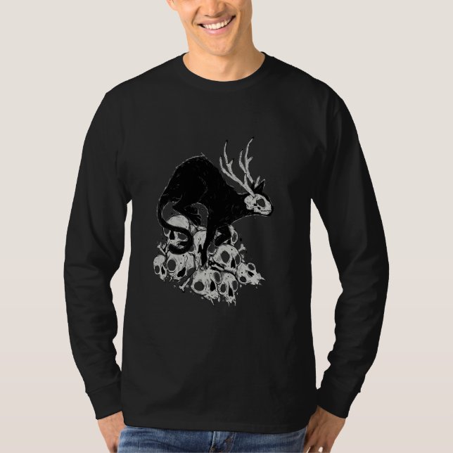 Demon Cat With Skull Head Bones T-Shirt (Front)