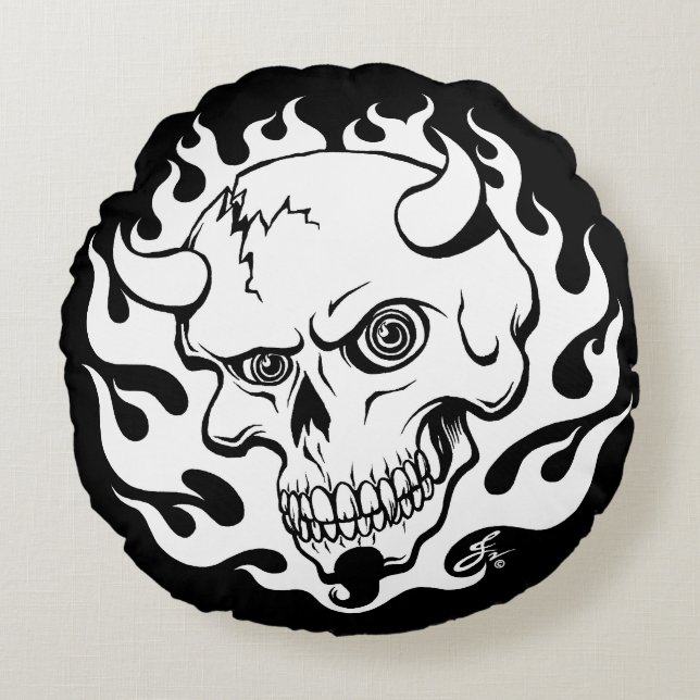 Demon Skull in Flames Round Cushion (Front)