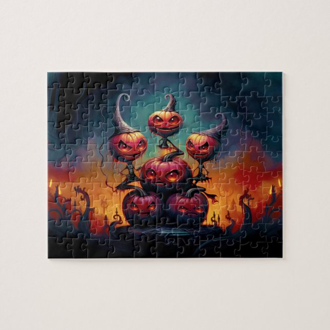 Demonic pumpkins in hell celebrate Happy Halloween Jigsaw Puzzle (Horizontal)