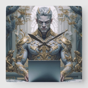 Demonic Warrior at Laptop Fantasy Square Wall Clock