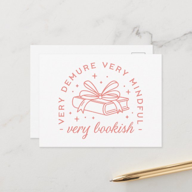 Demure cutesy bookish bow pink aesthetic postcard (Front/Back In Situ)