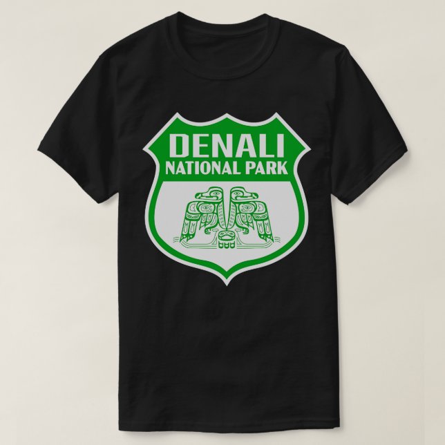 Denali National Park Retro Bird Shield Green T-Shirt (Design Front)