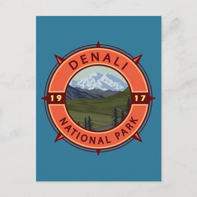 Denali National Park Retro Compass Emblem Postcard (Front)
